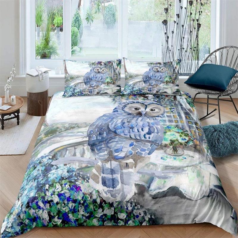 Black Owl King Queen Duvet Cover Moon Safari Bird Animal Bedding Set Lovely Wildlife Quilt Cover Grey Polyester Comforter Cover