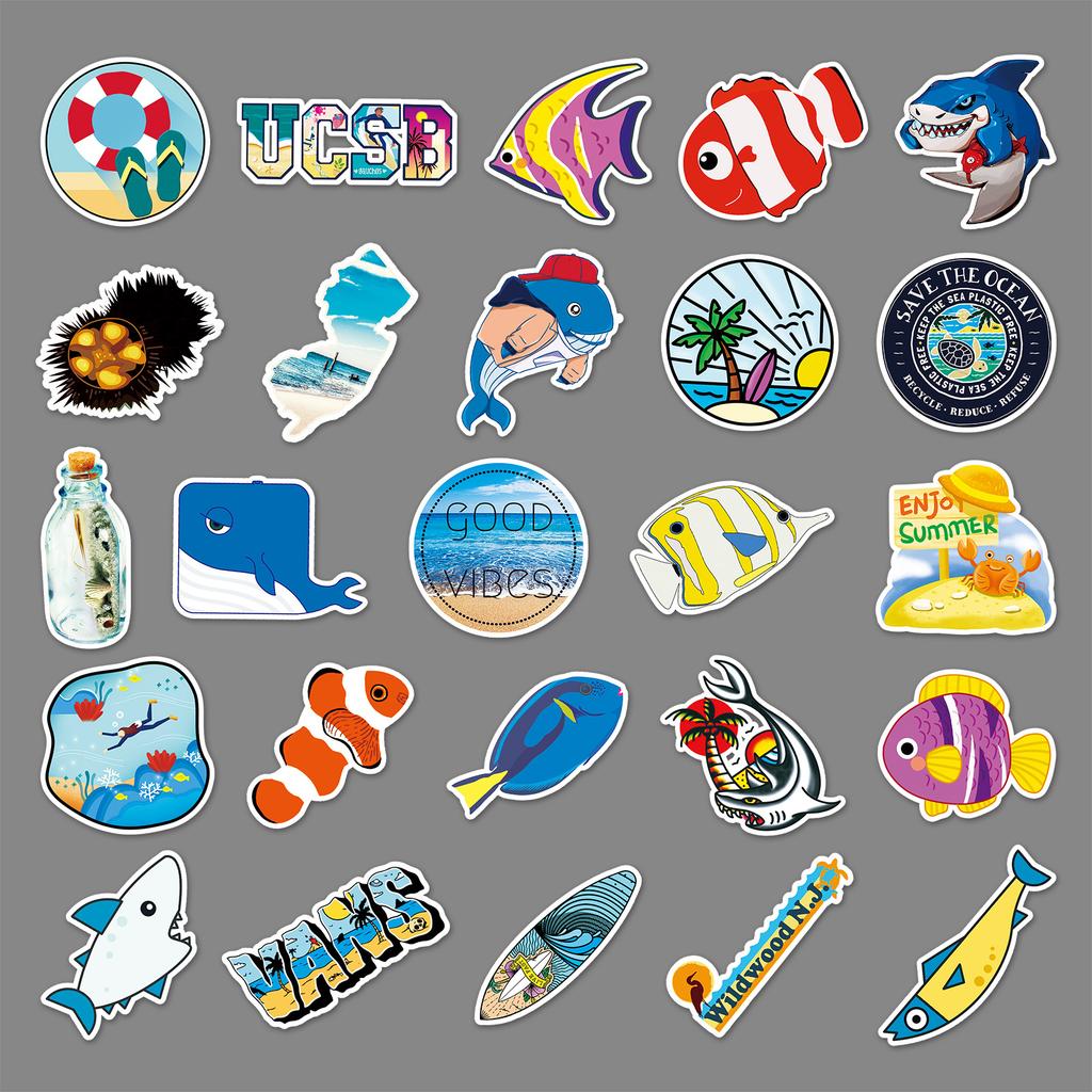 50 Cartoon Marine Doodle Creative Laptop Scooter Car Decoration Stickers