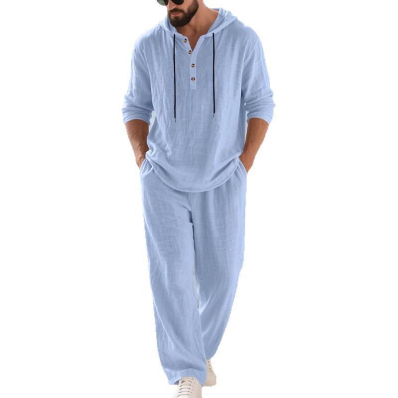 Cross-border Autumn Linen Men's Casual Suit Loose Hooded Henley Shirt Long Sleeve Pants Suit