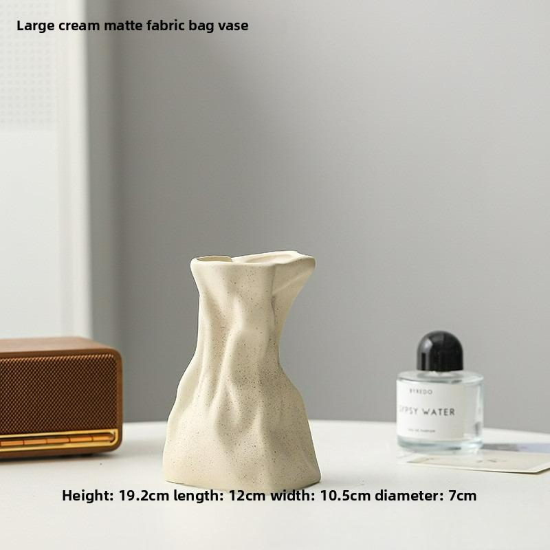Nordic Cream Ruffle Fabric Ceramic Vase for Dried Flowers Irregular Pouch Shape Home Decor Living Room Table Centerpiece