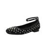 Fashion Women's new spring and summer round toe leather cowhide, Czech diamond elastic band, low heel comfortable casual single shoe