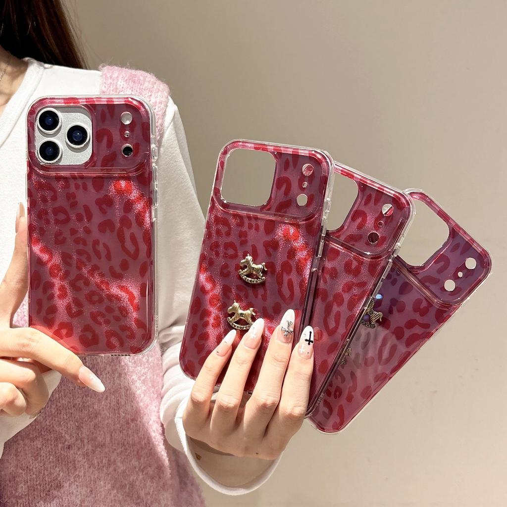 Large window double-layer imd red leopard print for iPhone17proamx mobile phone case Apple personalized protective case
