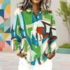 Women Plus Size Multicolor Geometric Printed Collared Long Sleeve Button Front Curved Hem Shirt