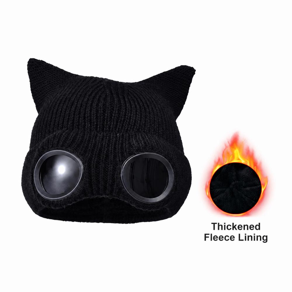 Plush Lining Winter Beanie Windproof Skullies Hat Fashion Knitted Goggles Hat for Women