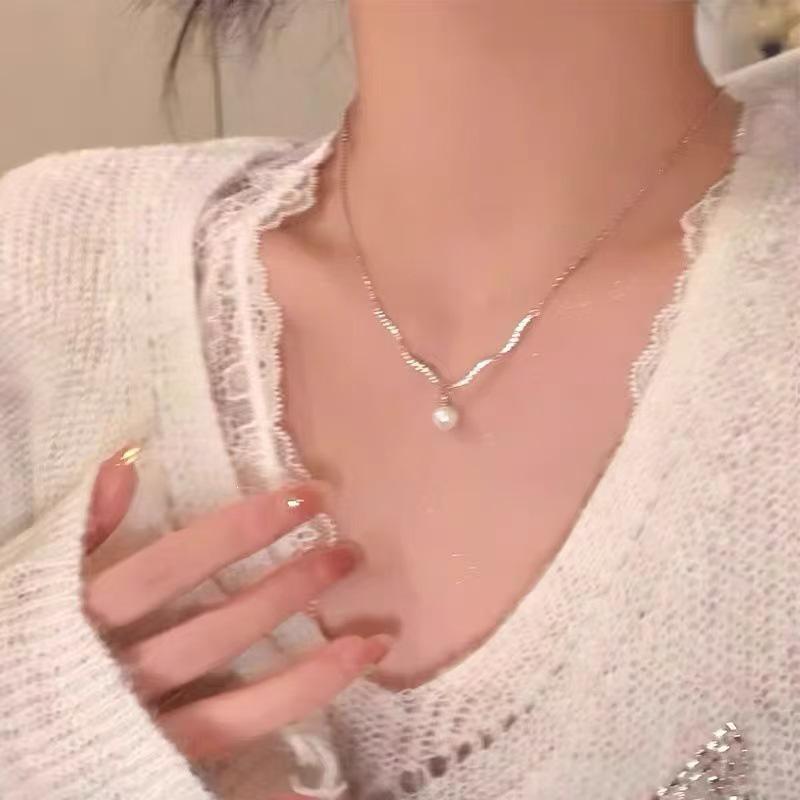 925 Sterling Silver Zircon Wave Pearl Pendant Necklace Women's Clavicle Chain