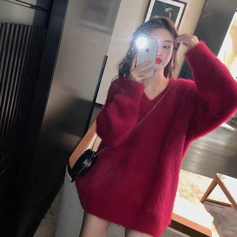 2025 Women's Mid-Length Faux Mink Sweater - Soft, Loose, Long Sleeve, Lazy Style for Autumn and Winter
