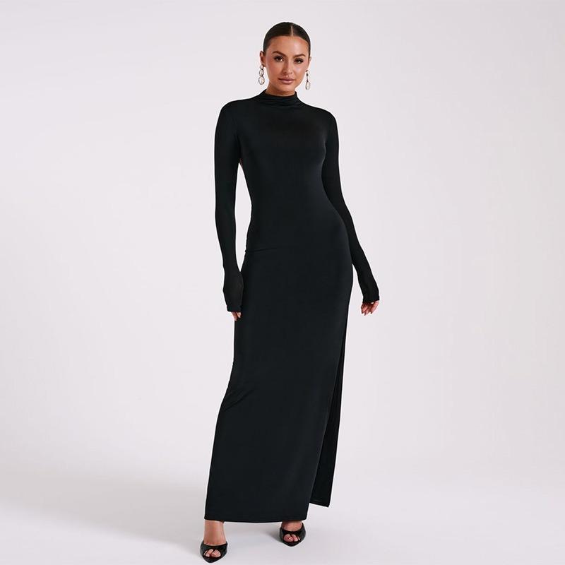 Elegant Slim Fit Long Sleeve Sexy Backless Dress Women Summer Slit Casual High Waist Black Long Dresses Women Fashion Stand Collar Party Dress 26443