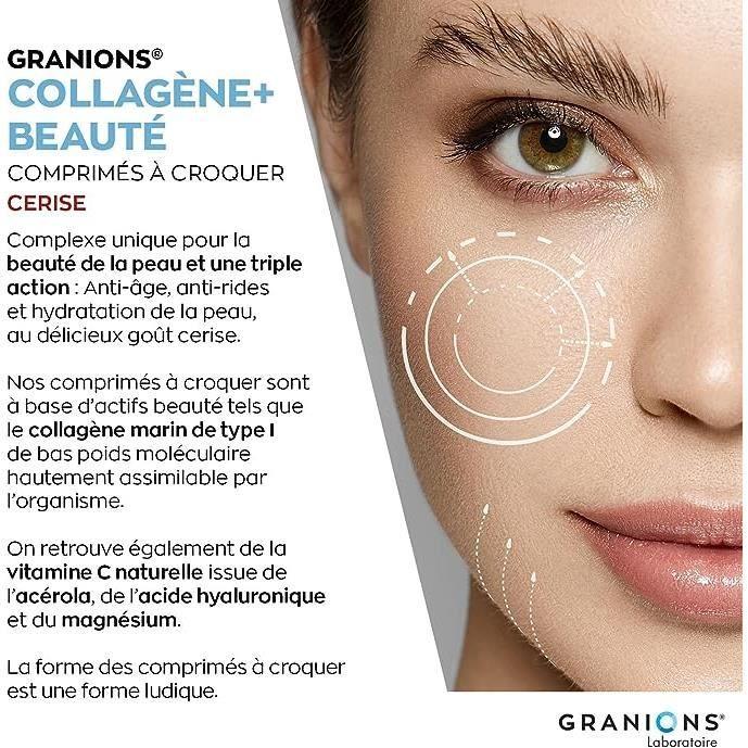 Collagène+ Beauté GRANIONS | Collagène Marin| Acide Hyaluronique + Vitamine C + Magnésium | 120cp | Goût Cerise | Made In France