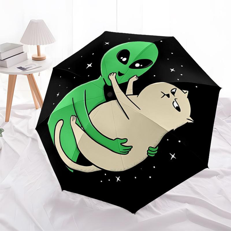 1pc Alien Cat UFO Automatic Folding Umbrella with 8 Bones, 3-Fold Compact Umbrella, Compact Design On-the-Go Essential, casual outdoor acces