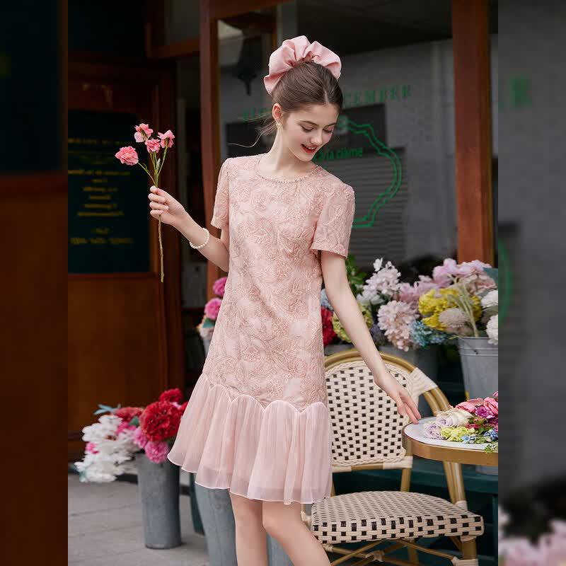 French Embroidered Mesh A-Line Midi Dress S розовый