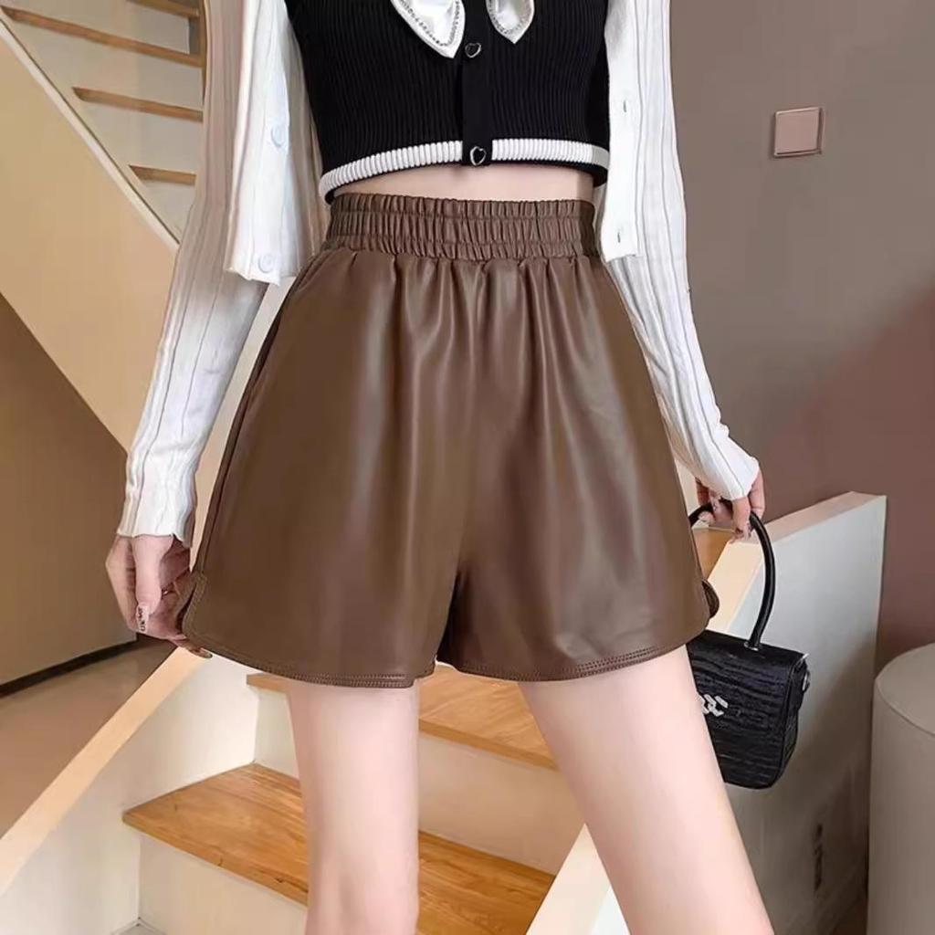 Women's Brown High Waist Wide Leg Leather Pants - Autumn/Winter 2024 Fashion A-Line Bootcut Style