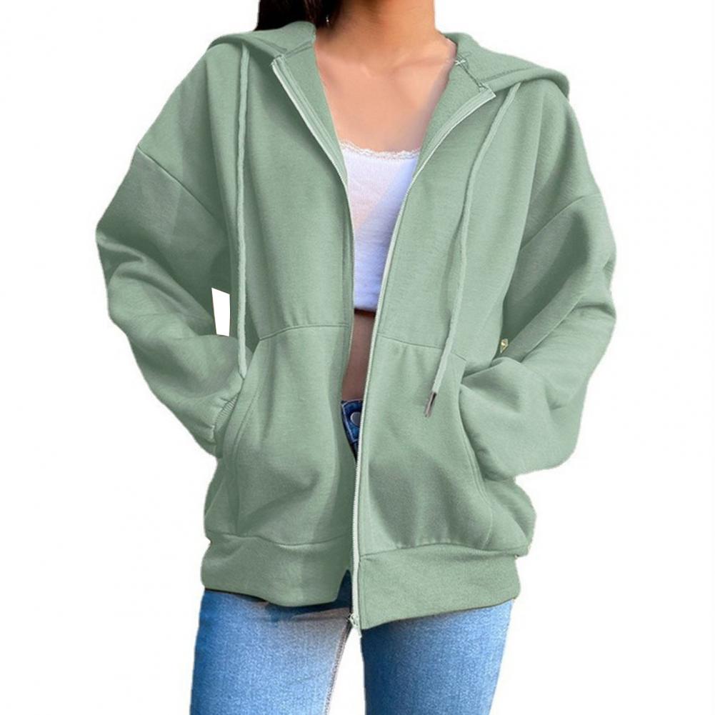 Ladies Fall Winter Coat Solid Color Loose Zip Up Pockets Long Sleeve Drawstring Hooded Elastic Cuff Lady Hoodie Jacket