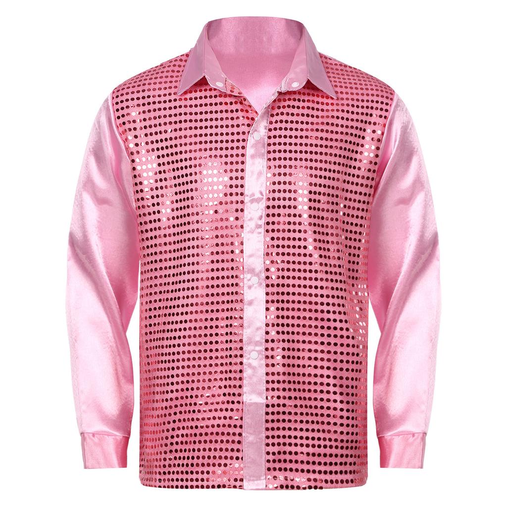 Mens Shiny Sequin Dance Shirt Latin Jazz Performance Wear Turn Down Collar Long Sleeve Patchwork Top