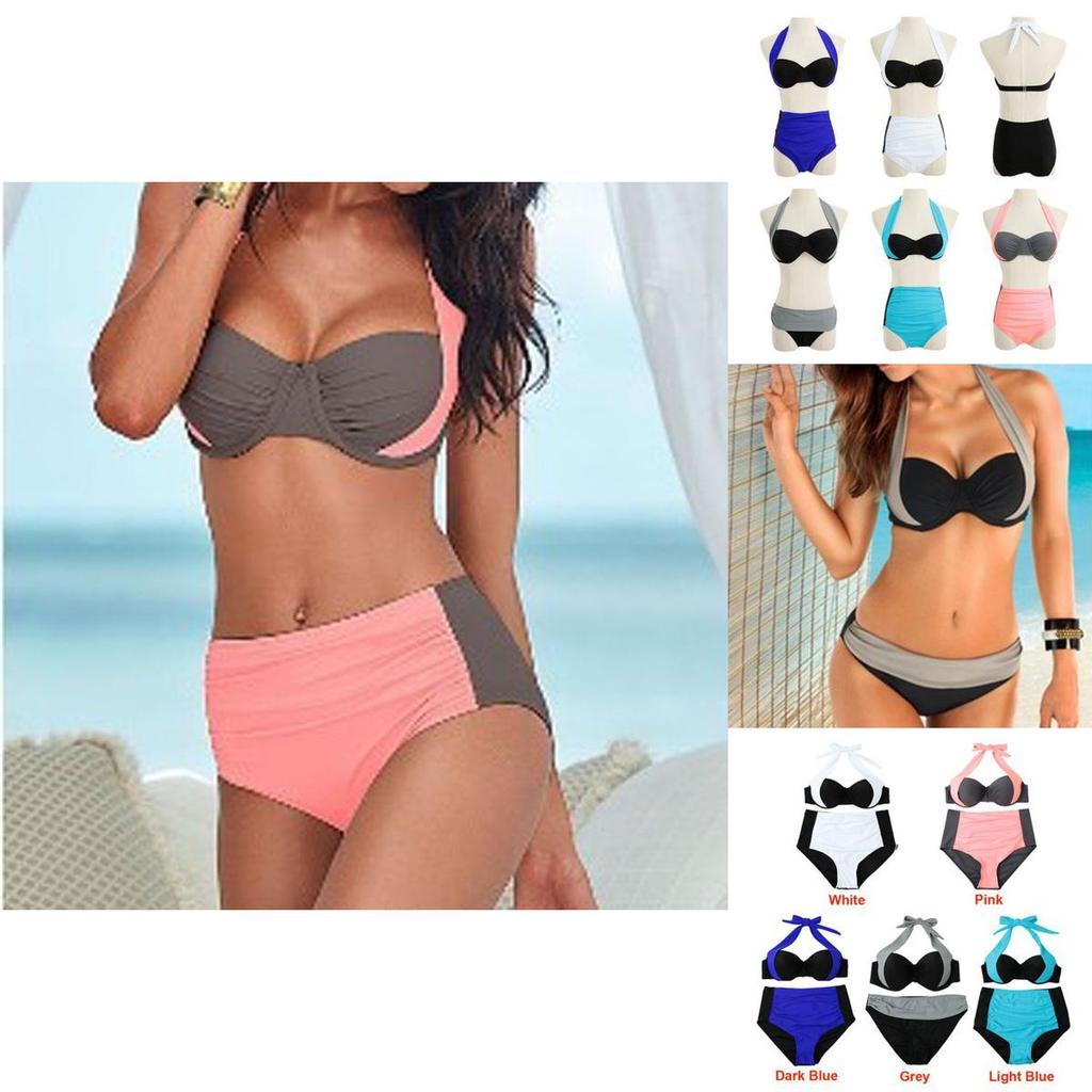Set Women Bikini Contrast Block Halter Top High Waist Bottom Swimwear Beach