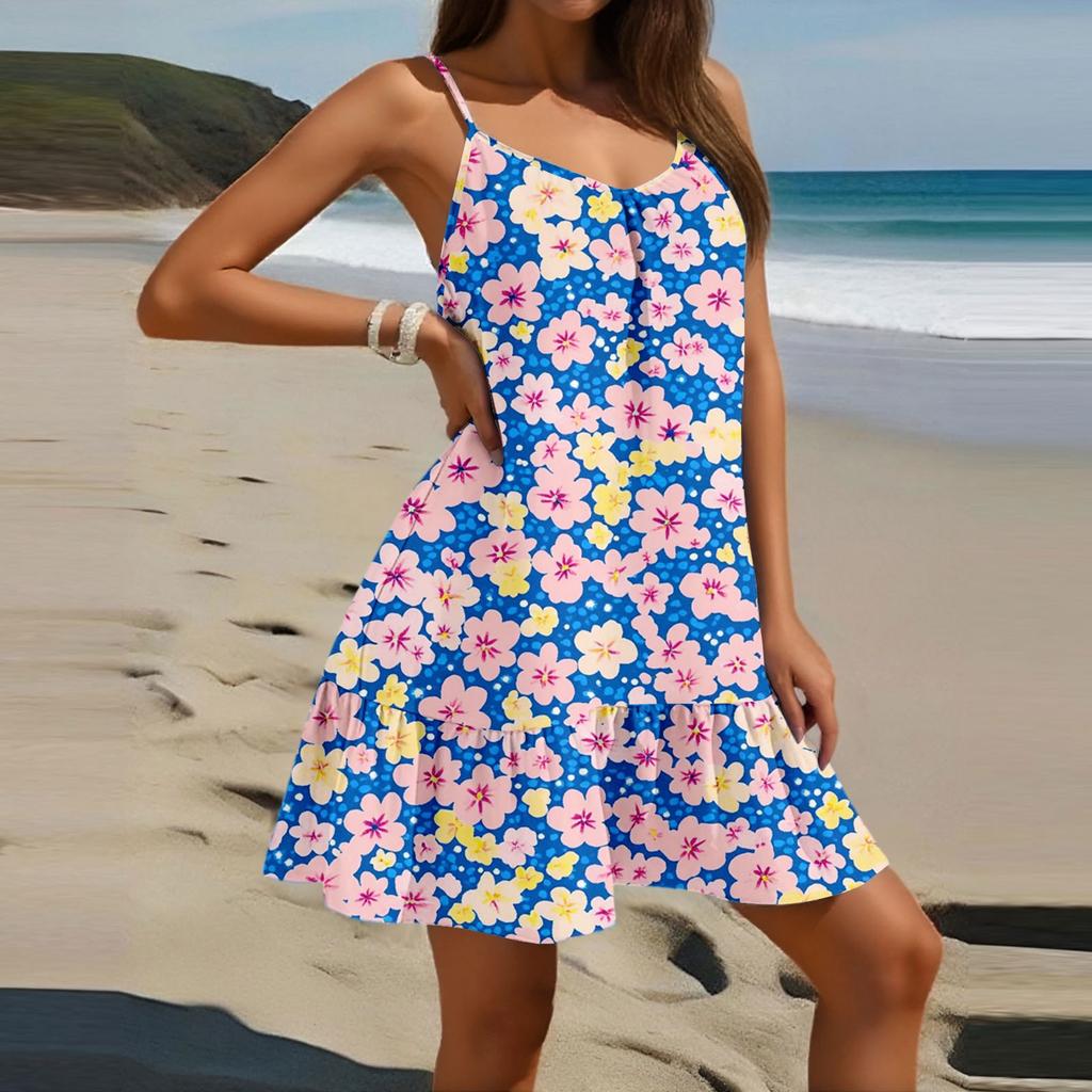 Women's Fashion Casual Sleeveless Round Neck Loose Floral Print Beach Dress