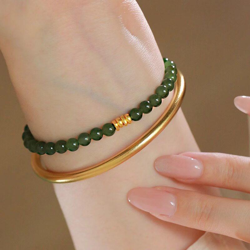 High-End 999 Pure Gold Gourd & Hetian Jade Bead Bracelet - Elegant Gift for Her Single Bracelet