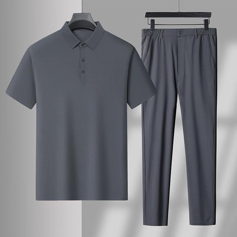 Men's Ice Silk Seamless Short-Sleeve Sports Suit - Summer Thin Two-Piece Set for Middle-Aged Dads (2025)