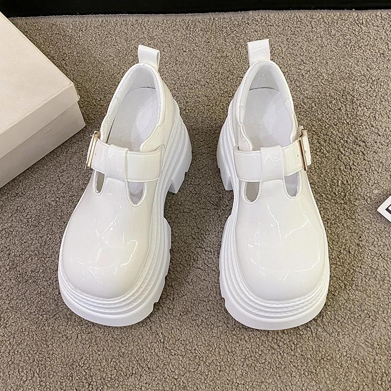 Fashion 2025 Women's High Platform Leather Shoes New Spring 8CM Heels Chunky Sneakers Female Lace-up Buckle Loafers Walking Shoes Woman