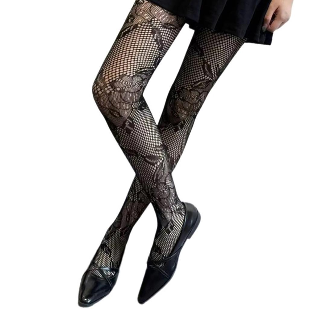 Women See Through Fishnet Mesh Pantyhose Stockings Aesthetic Elegant Hollowed Flower Patterned Tights Leggings Hosiery