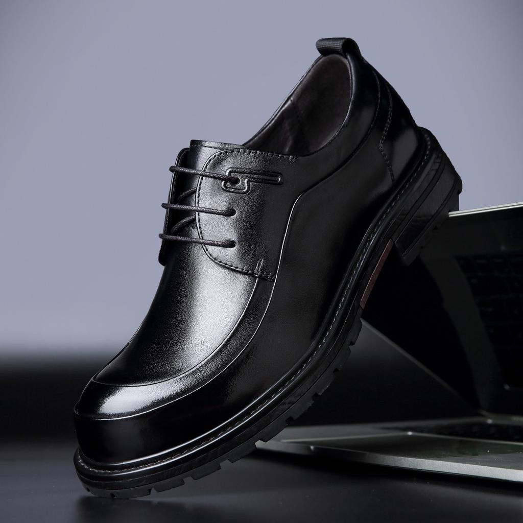 First Layer Cowhide Men's Leather Shoes Soft Sole Large Round Head Suit Leather Shoes Wear-resistant High-end Large Size Men's Lace-up Leather S