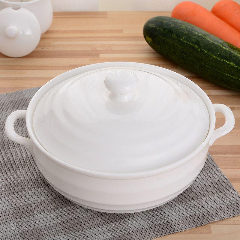 

Ceramic Double-Ear Covered Stew Pot - Large Capacity, Pure White, Microwave Safe Bowl for Soups and Rice.