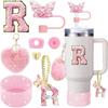 8 Pezzi Accessori per Tazza per Stanley Cup 30oz 40oz Include Coperchio Tappo Cannuccia a Farfalla Piedino in Silicone Maniglia Ciondolo Adesivo con Iniziali
