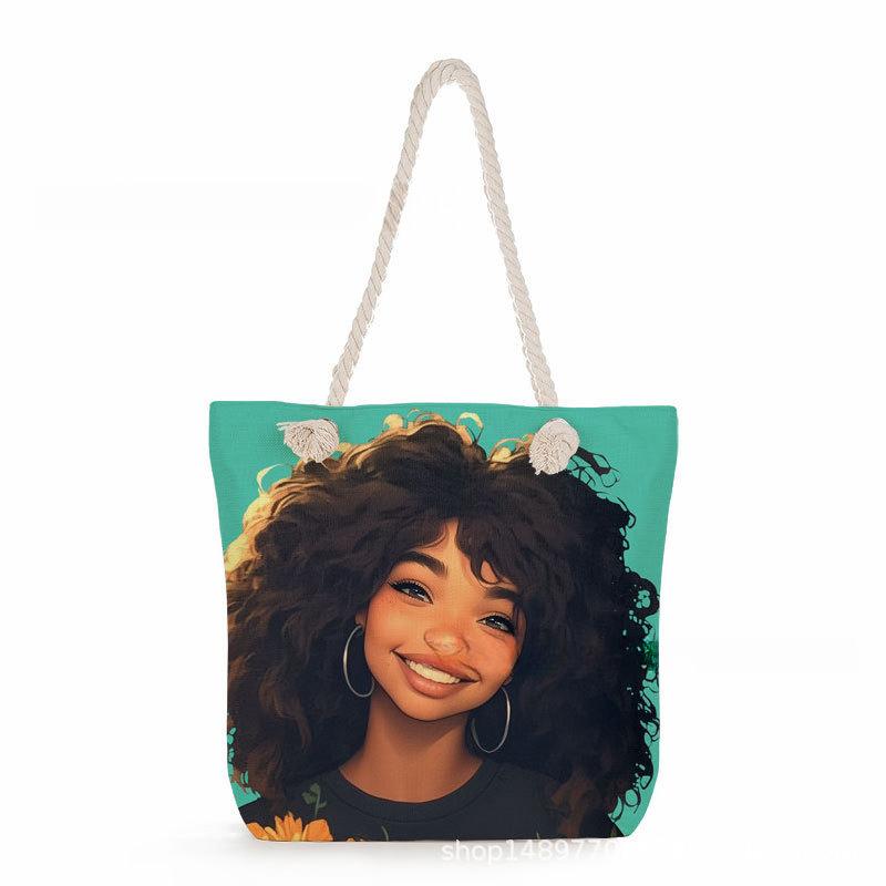 Multifunctional Black Girl Printed Thick Rope Shoulder Beach Bag 7573 KTB