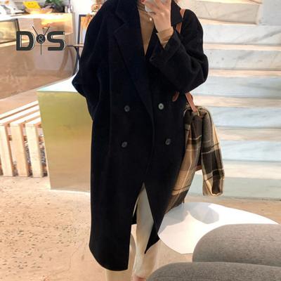 Kadın Kış Yün Palto Kalınlaştırılmış Çift Göğüslü Uzun Stil Düz Renk Uzun Kollu Gevşek Yaka Çentik Yaka Cepler Trençkot