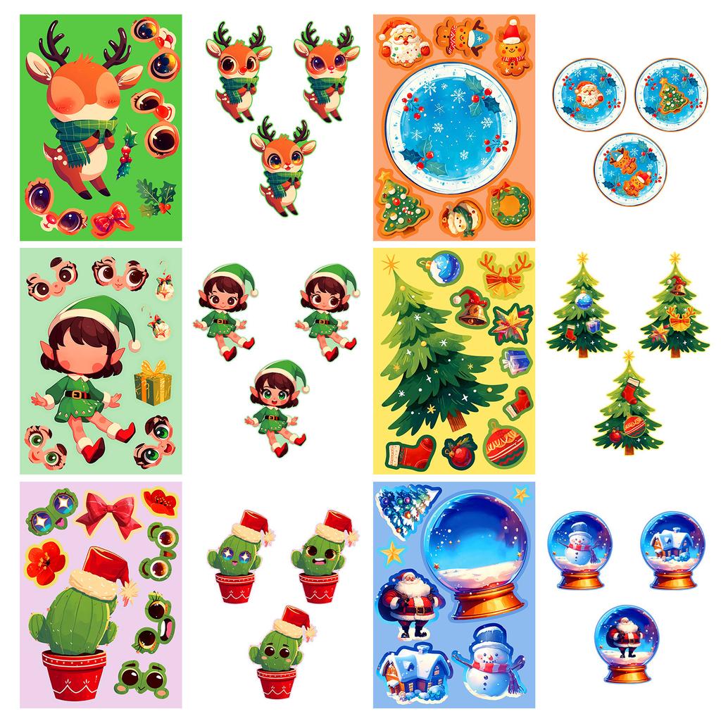 6 Photos/package Christmas Creative DIY Puzzle Face Swap Stickers Elk Crystal Ball Elf Game Guka Collage
