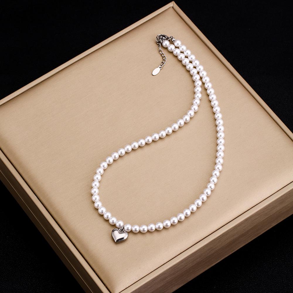 6mm Bead Titanium Steel Heart Necklace - Women's Fashion Clavicle Chain