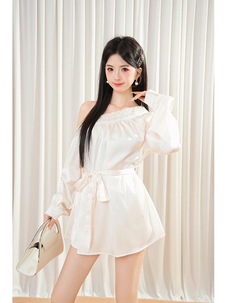 Miss Jenny Elegant Satin One-Shoulder Top & Shorts Set with Diamond Detail Large