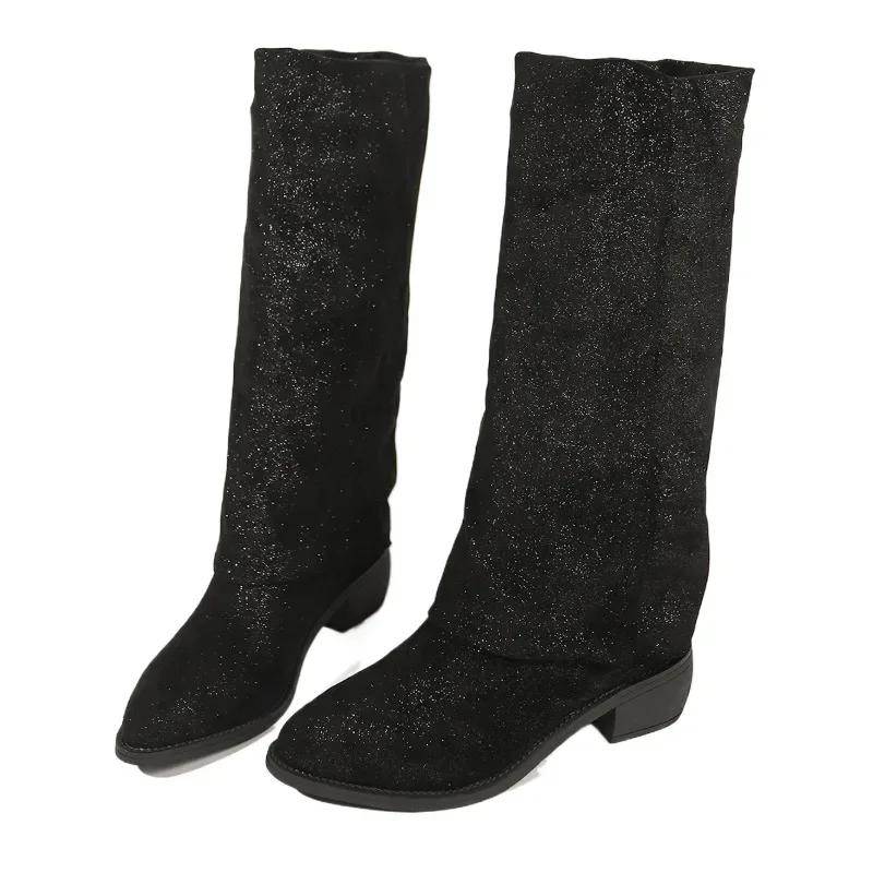 

Мода 2024 Обувь больших размеров Женские ботфорты Элегантные современные ботинки Женские Швы Заостренный носок Средний каблук Слипоны Женская обувь 42