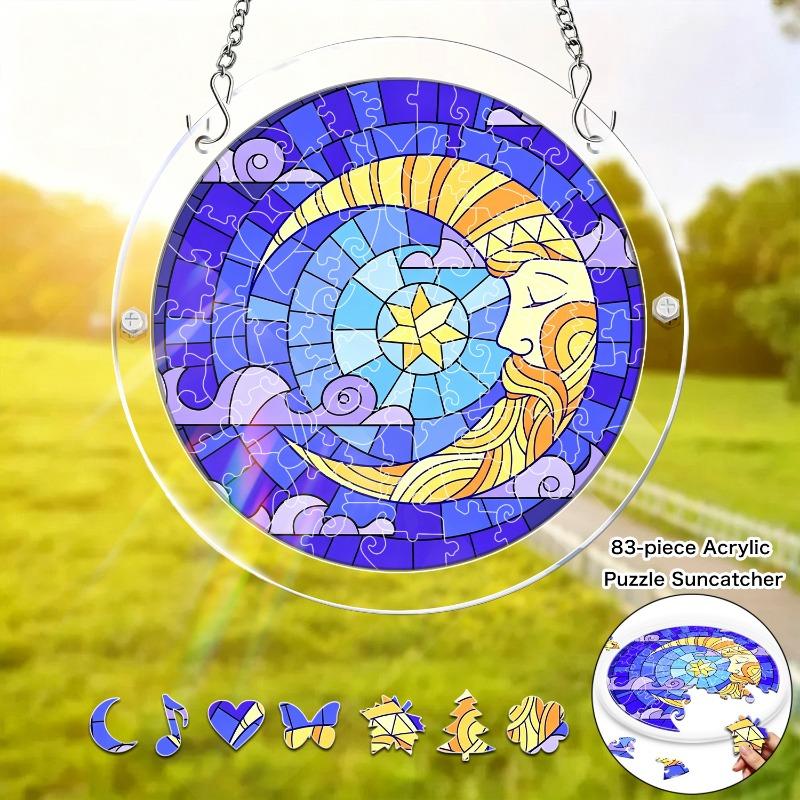 1Set/83pcs 18.8Cm Acrylic Jigsaw Moon Face Star Painted Glass Acrylic Puzzle Sun Catcher Prism Refraction Light Window Hanging Dreamy Celestial Mosaic