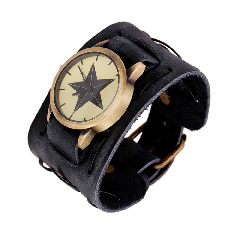 Relogio Retro Big Wide Genuine Leather Strap Watch Men Punk Quartz Cuff Watch Wristwatches Bracelet Unusual Wrist Watch