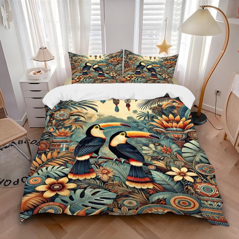 3pcs bedding set Tropical Birds Includes 1 Comforter + 2 Pillowcases, Without Pillow Inserts, Soft Comfortable, Lightweight Breathable, Prin