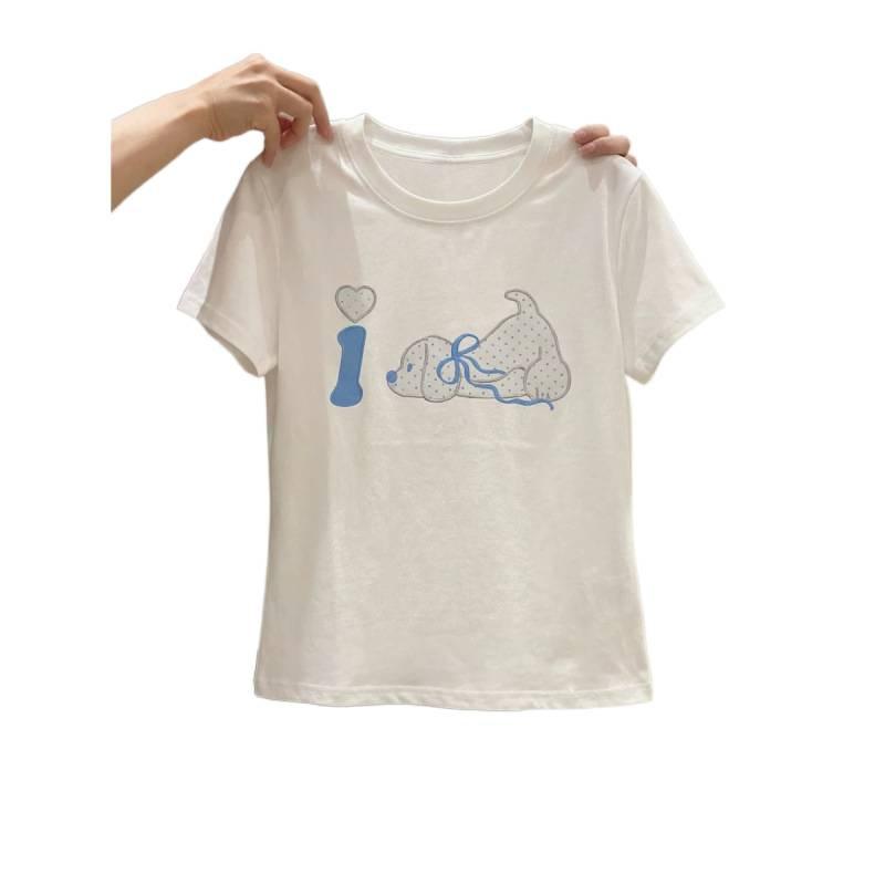 White Puppy Embroidered Short Sleeve T-Shirt Women's Summer Small Sweet Girl Loose Crew Neck Front Shoulder Cute Versatile Top