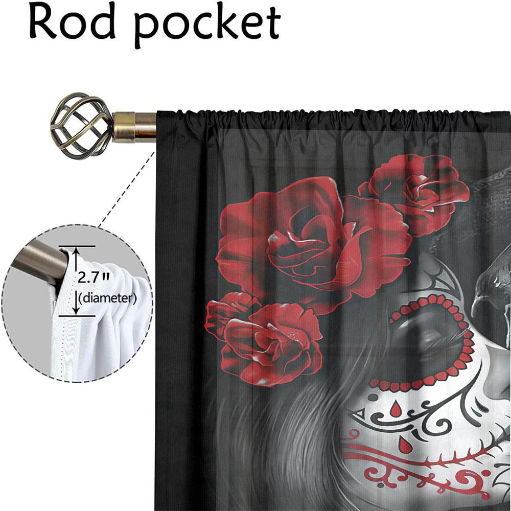 2Pcs Gothic Skull Bride Curtains Black Red Rose Decor Living Room Bedroom Window Decorative Curtains Halloween Theme Curtains