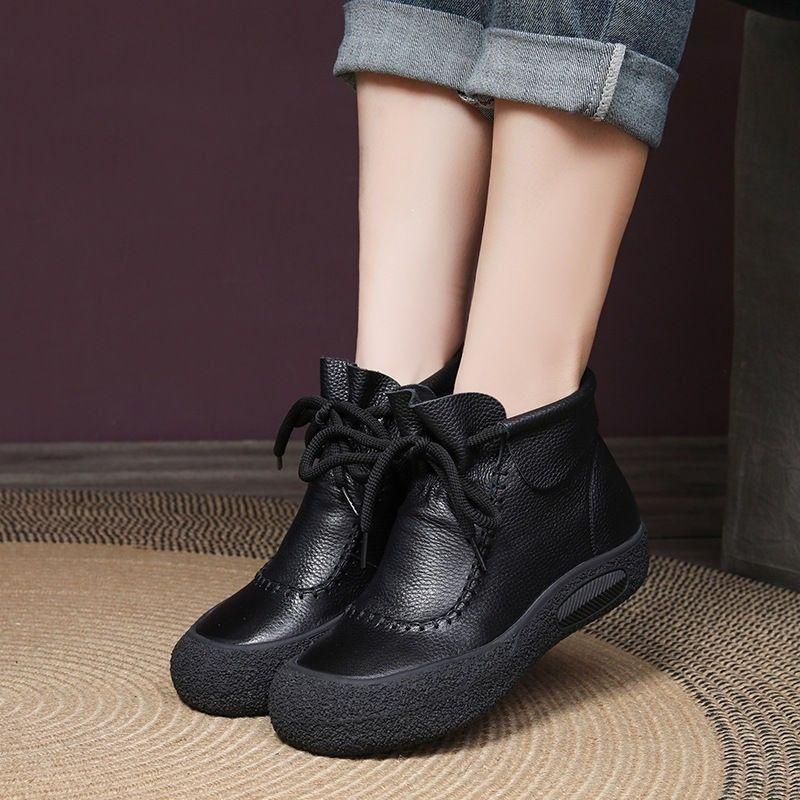 Large Size Lace-up Retro Short Boots Thick-soled Autumn Casual Soft Leather Comfortable Soft-soled Martin Boots