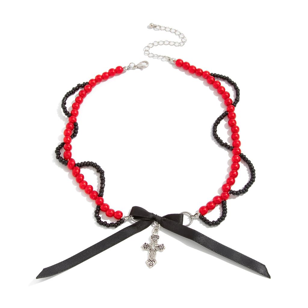 Wind Spice Girl Ribbon Bow Cross Necklace Female, Gothic Red Rice Bead Beaded Clavicle Necklace