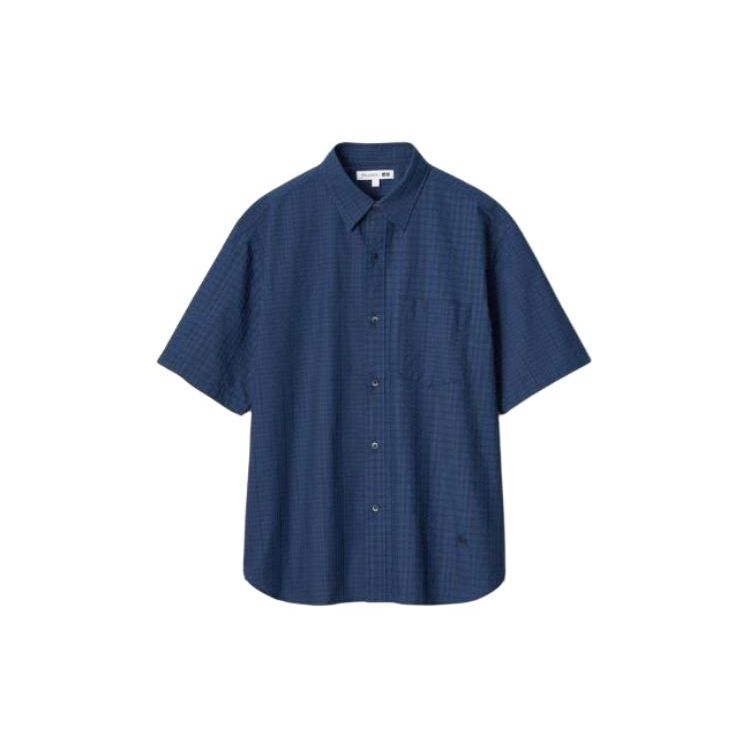 UNIQLO JW Anderson Collaboration SS24 Plaid Bubble Gauze Chest Pocket Short Sleeve Shirt Men shirts Navy 466938-69