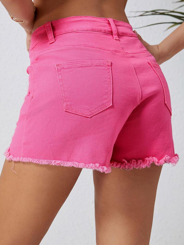 Hot Pink Ripped Denim Shorts with Rhinestones
