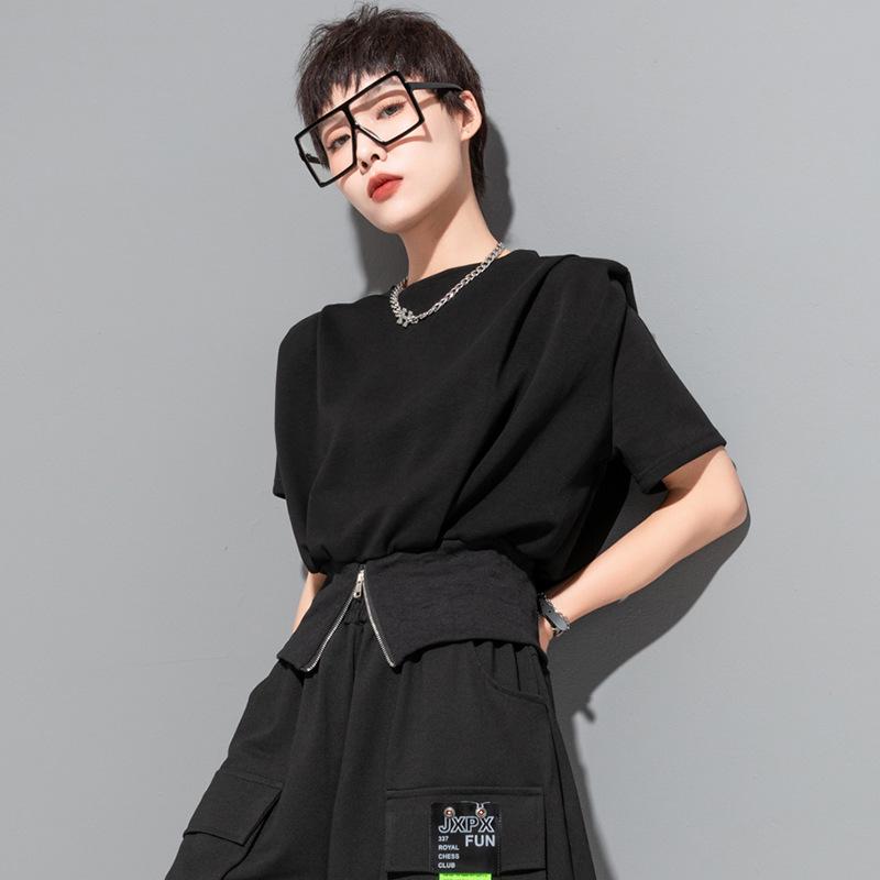 

Европейский летний дизайн футболка в рубчик с молнией и коротким рукавом: Уникальный женский трендовый топ L (110-135 jin) чёрный