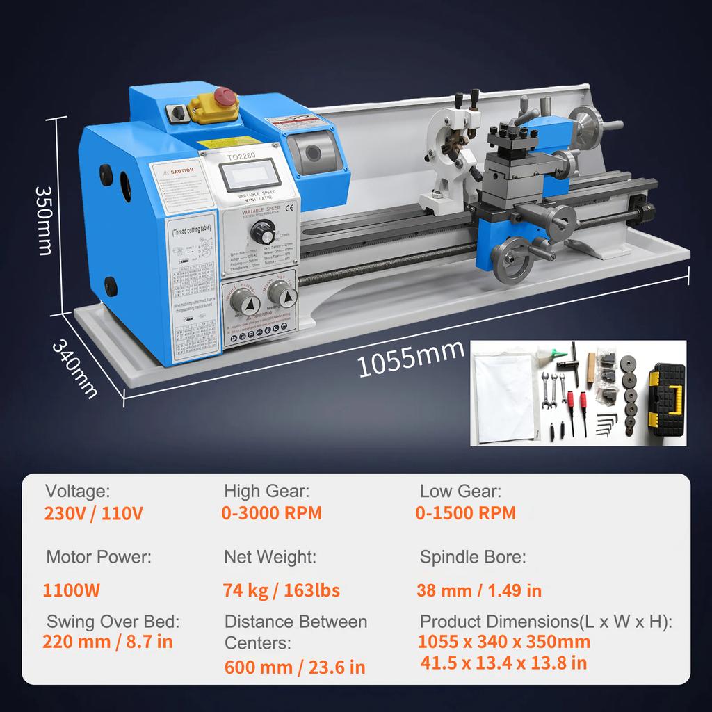 Mini-Metall-Drehmaschine 220x600 mm Präzisions-Werkbank-Power-Metall-Drehmaschine Variable Drehzahl 1100W Bürstenloser Motor Metallgetriebe
