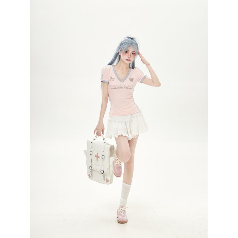 

Fashion High Street Sports Patchwork Tight Pink Short Sleeve T-shirt Women s Summer 2025 New Arrival Pink Slim-Fit V-neck Tops Pink S