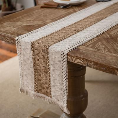 Table Runners Natural Burlap Splicing Cotton Boho Table Runner with Tassels for Bohemian Rustic Home Dining Wedding Table Decor