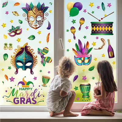 Reusable Mardi Gras Window Stickers Masquerade Mask Feather Pattern Glass Door Decor Festival Party Supplies Carnival Decoration