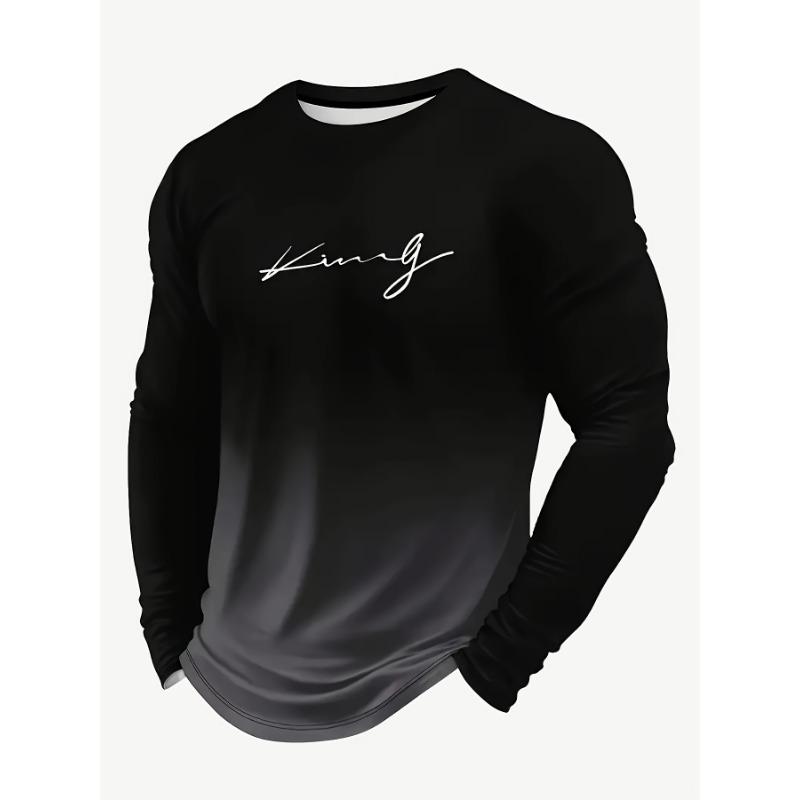 Men's Long Sleeve T-shirt - Black Grey Gradient King Pattern Print