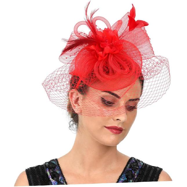 LIOOBO Fascinator Hat Headband with Mesh Plume Flower Detail Red Cocktail Tea Party Wedding Hat for Women and Special Occasion Accessories