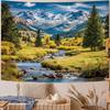 Nature Forest Mountain Tapestry Green Pine Tree Tapestry for Bedroom Aesthetic White Clouds Flowing River Landscape Classroom Tapestries Wall Hanging 