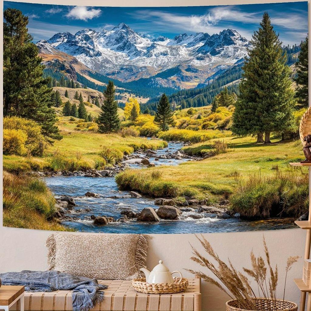 Nature Forest Mountain Tapestry Green Pine Tree Tapestry for Bedroom Aesthetic White Clouds Flowing River Landscape Classroom Tapestries Wall Hanging